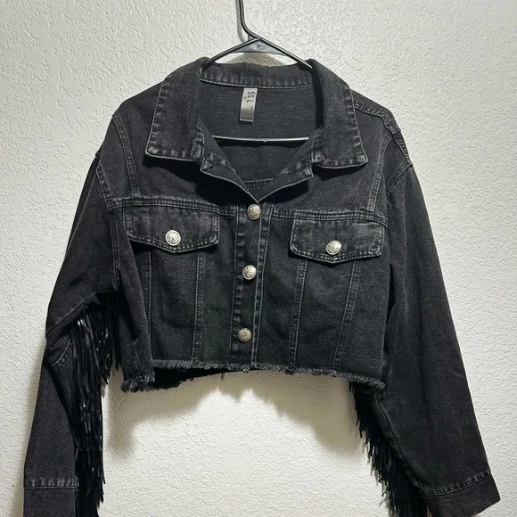 Vintage Y2K black Fringe Denim Jacket new without tags - Picture 3 of 11